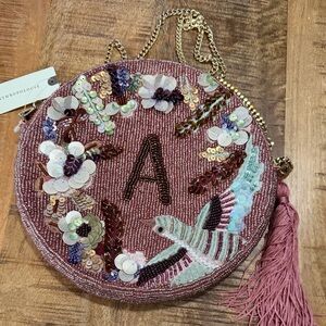 Anna Harlow Russo Anthropologie “A”Embellished Pouch Purse Beaded Gold Chain